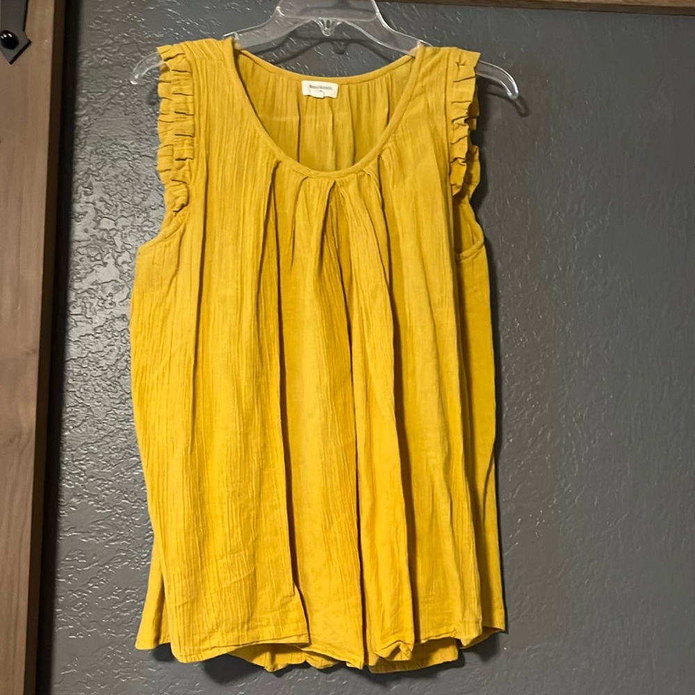Cost Plus World Market Mustard Yellow Ruffle Sleeve Sleeveless Blouse